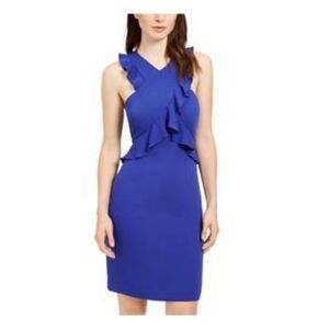 Trina Turk Sheath Dress Blue Ruffled Trim Sleeveless Halter Zip Size 12 NEW